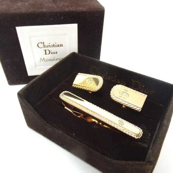 Authentic Christian Dior Cufflinks Tie pin set cuffs metal [Used] - Picture 1 of 13